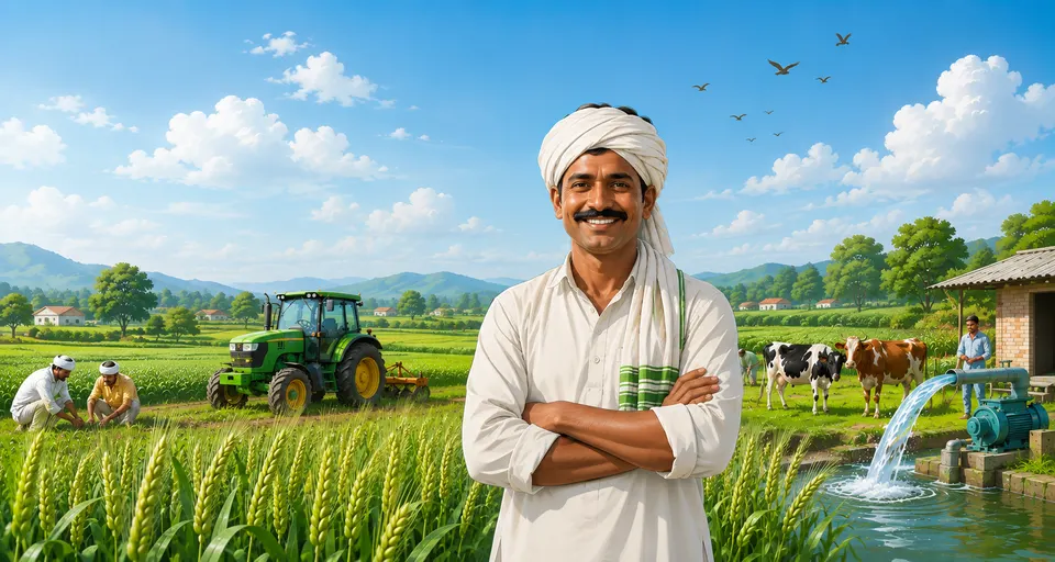 A smiling farmer stands in front of a wheat field, with a tractor, workers, grazing cows and a water pump in the background.